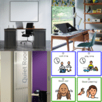 Set of 4 images - 3 showing different types of office space and 4th image is visual cues board for autism