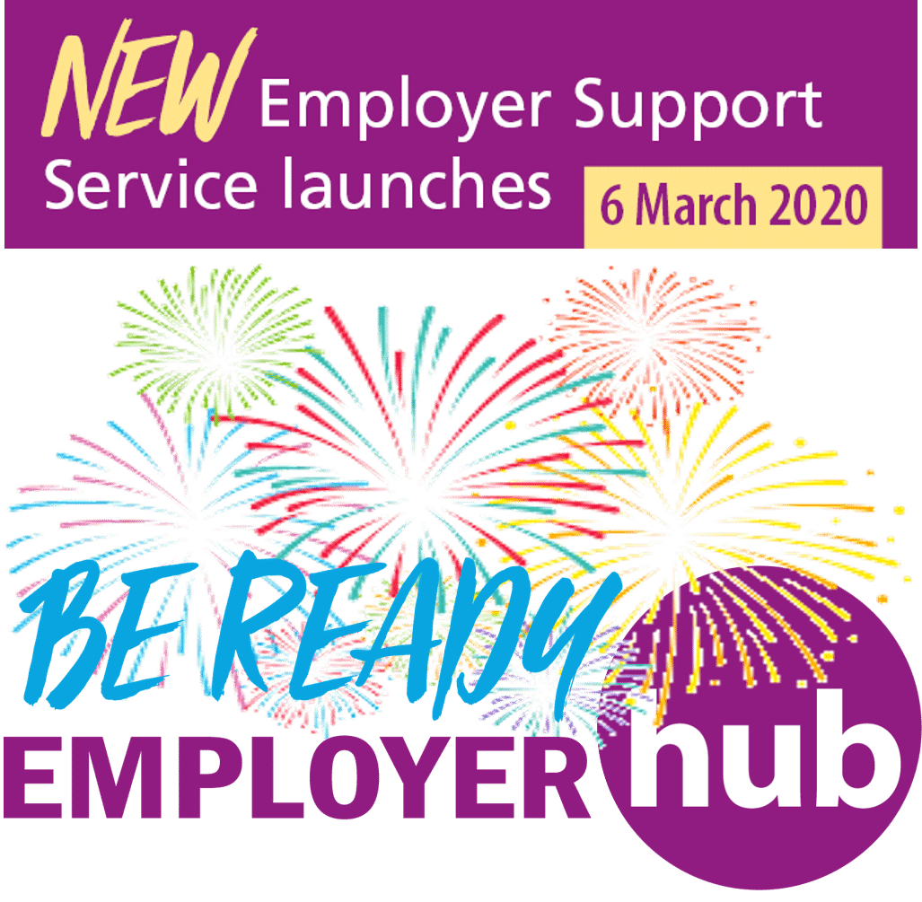 The Be Ready service logo with fireworks exploding over it with headline announcing New Employer Support Service launches 6 March 2020