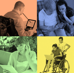 Collage of disabled people using smartphones and tablets.