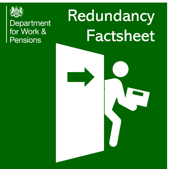 Iconic image of person leaving through a door with title Redundancy Factsheet and the DWP logo