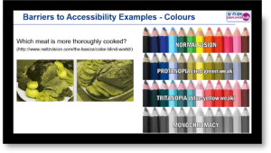 Example page of presentation from the Accessibility for Websites workshop with example of accessibility issues for colour blind people