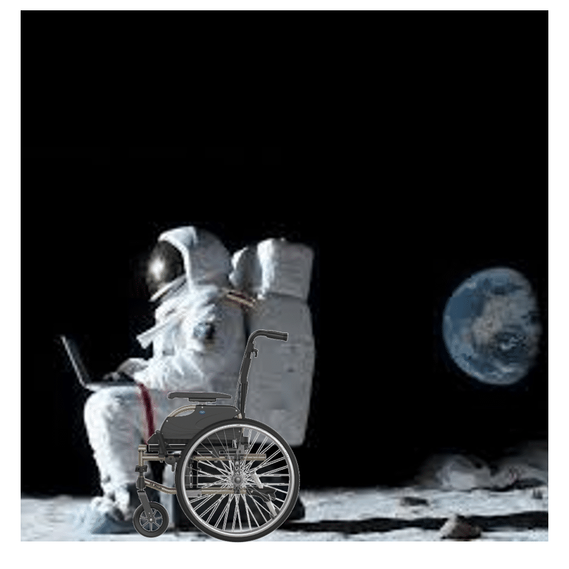 Composite image of astronaut sitting in a wheelchair